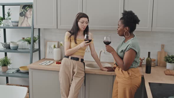 Happy Lesbian Couple Having Wine in Kitchen