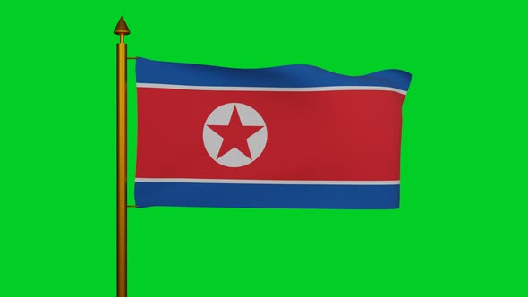 National flag of North Korea waving with flagpole on chroma key, Ramhongsaek Konghwagukgi