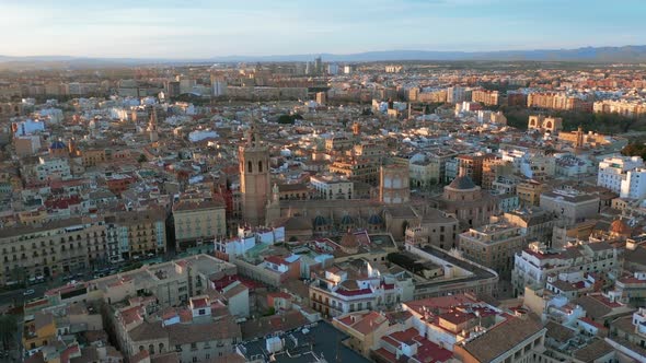 Aerial View. Valencia, Spain. Square of Saint Mary at Sunset