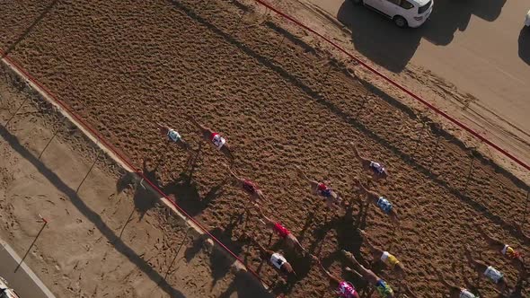 Aerial view of a group of camels during a race in the desert of Ras Al Khaimah.