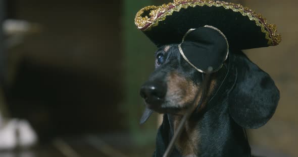 Black Dachshund with Cocked Hat and Eye Patch Looks Away