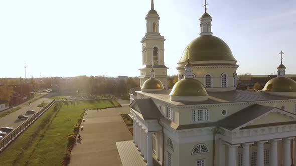 Aerial view of Transfiguration Cathedral in autumn sunny city