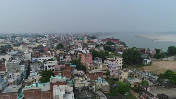 City of Varanasi or Benares in Uttar Pradesh in India seen from the sky