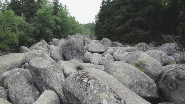 Aerial View Flying Above Stone River in National Park Near Sofia