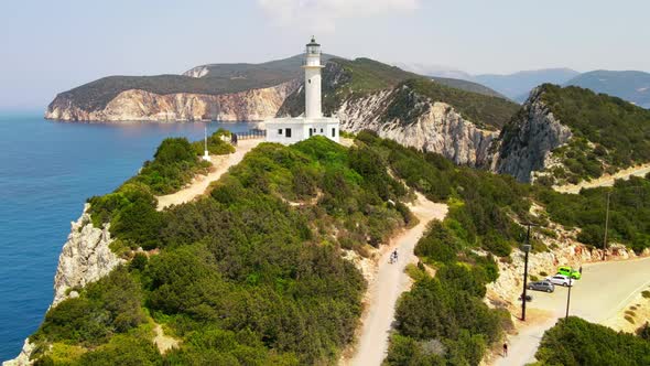 Aerial drone view of the Ionian Sea coast of Zakynthos, Greece. Rocky ridge with lighthouse