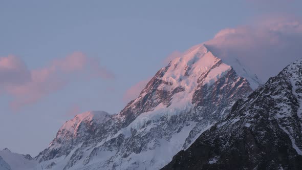 close up timelapse of the summit mt cook at sunset