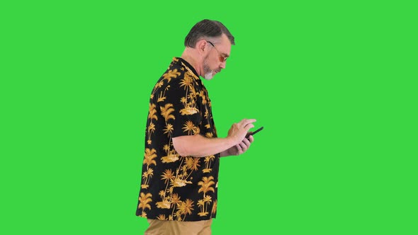 Bearded Senior Tourist Man Walking and Using Smartphone on a Green Screen Chroma Key