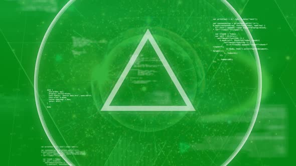 Triangle explosing on circle with rays. Green background with ball and small text