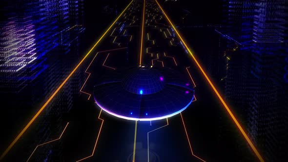 Futuristic Flying Object is Gliding through the Digital Space in Virtual reality alt