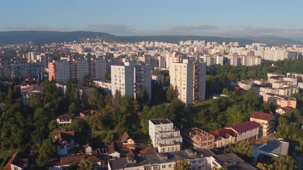 Aerial view of apartment blocks and houses