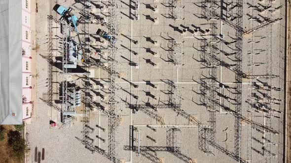 Transformer electrical power plant top down aerial view footage