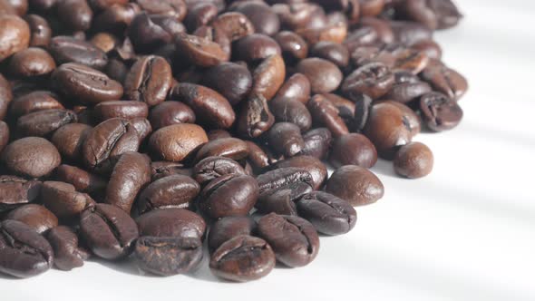 Tilting over finest  Arabica coffee beans on white 4K footage