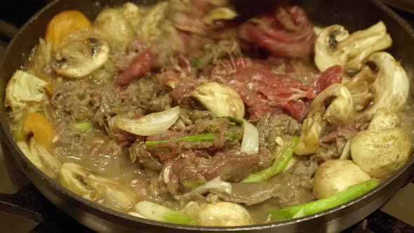 Cooking Korean Beef Hot Pot. Korean Food Bulgogi Jeongol. close up