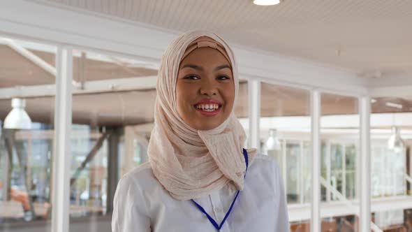 Portrait of a young woman at a business conference