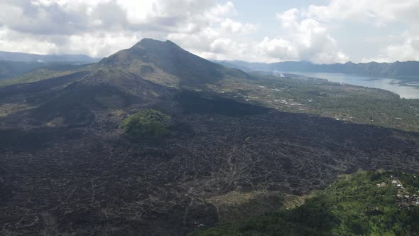 Aerial view of lava field from Mount Batur in Bali