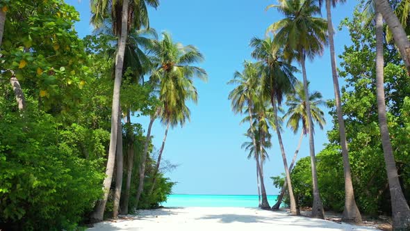 Aerial top view panorama of tranquil coast beach trip by blue ocean and bright sand background of a 