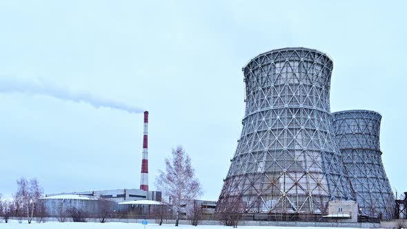 Gas Combined Heat and Power Plant with Huge Pipes Smoke Steam Power Stations