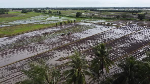 Aerial fly over muddy rice field wetland towards tractor