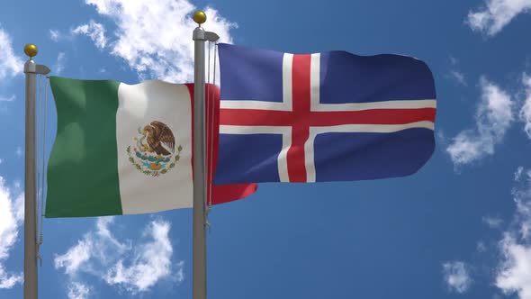 Mexico Flag Vs Iceland Flag On Flagpole