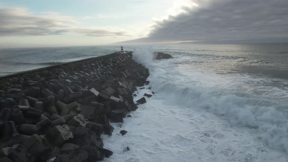 Storm at Sea, Winds, Big Waves Hit Lighthouse in Portugal