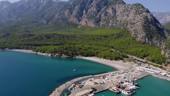 Aerial Drone View of Boats Anchored at Coastline Port