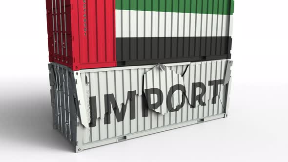 Cargo Container with Flag of UAE Breaks Container with IMPORT Text alt