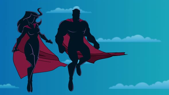 Superhero Couple Flying in Sky Silhouette