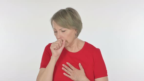 Old Woman Coughing on White Background