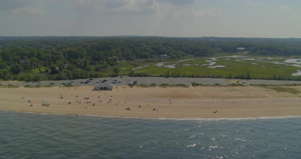 Aerial Panning Shot of a Sandy Beach Shore Near a Forest on a Sunny Day