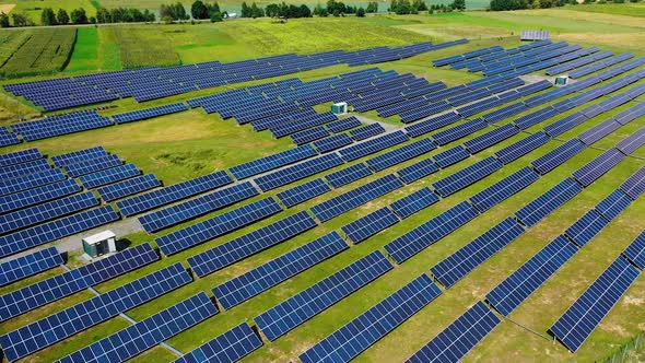 Aerial solar photovoltaic. Aerial view of power farm producing clean energy