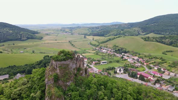 Aerial views of the castle ruins in the village Hajnacka in Slovakia