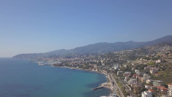 Sanremo or San Remo coastline aerial view in Liguria