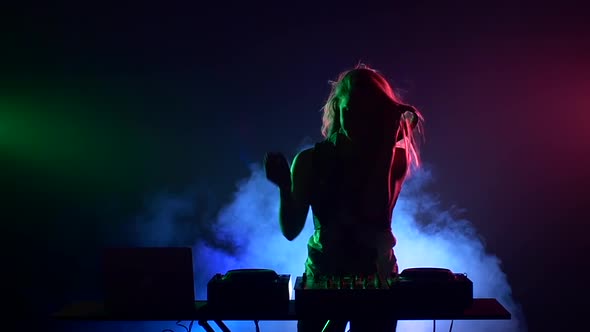 Sexy Blonde Dj Girl Flipping Hair, Touches It, Dancing, Silhouette, Slow Motion, Blue, Pink