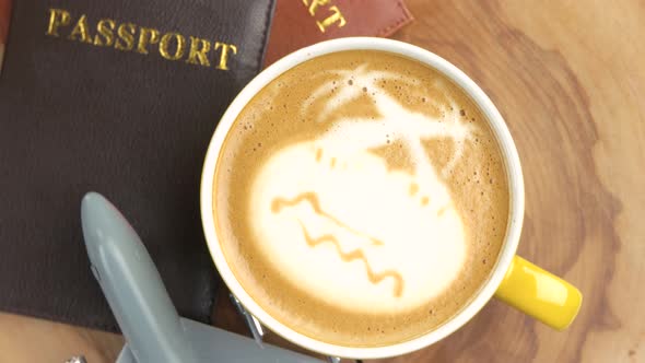 Coffee, Passports and Toy Airplane.