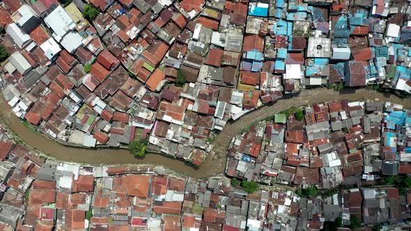 Top view of Bandung city with Pasupati bridge near a water canal, West Java Indonesia, Aerial rotati