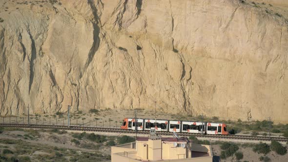 Tram and mountain in Alicante, Spain