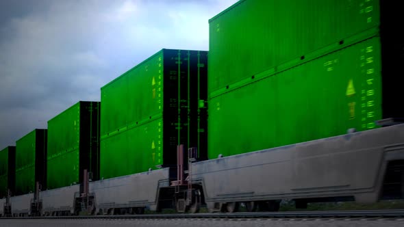 Railway transportation of the green industrial containers. Loopable footage. HD