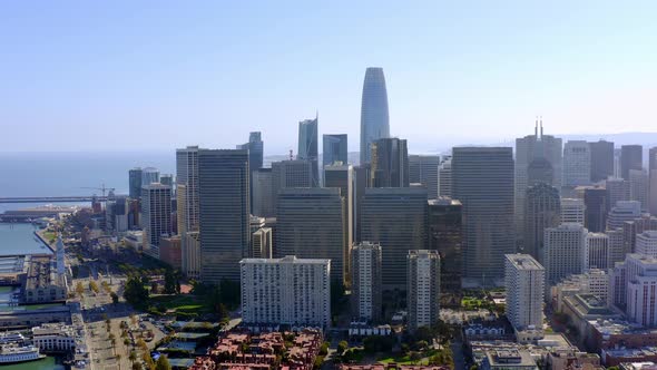 Aerial: San Francisco bay area beautiful downtown by the piers, drone view