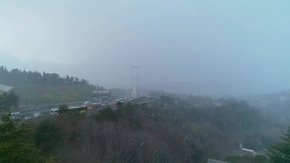 Istanbul Bosphorus Bridge Heavy Snowing Aerial View