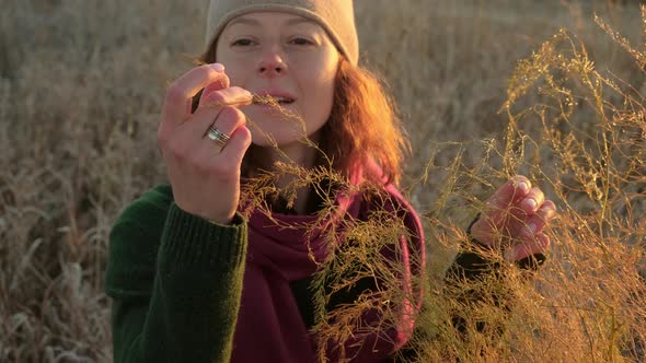 Autumn Landscape, Woman Traveler Having Fun at Sunrise