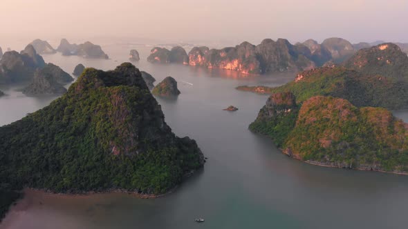 Aerial: unique flying over Ha Long Bay and Cat Ba island, Vietnam