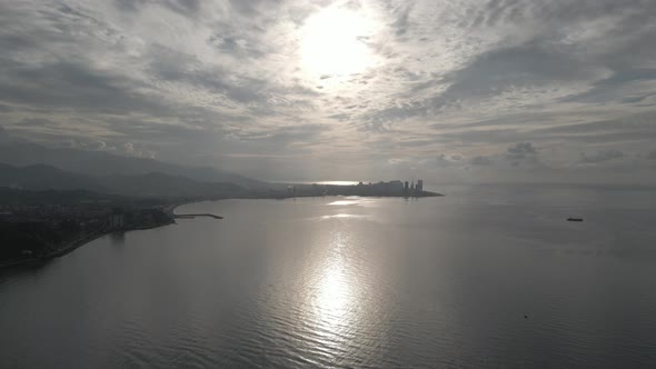 Beautiful aerial view of sunset over Batumi city. Georgia 2020