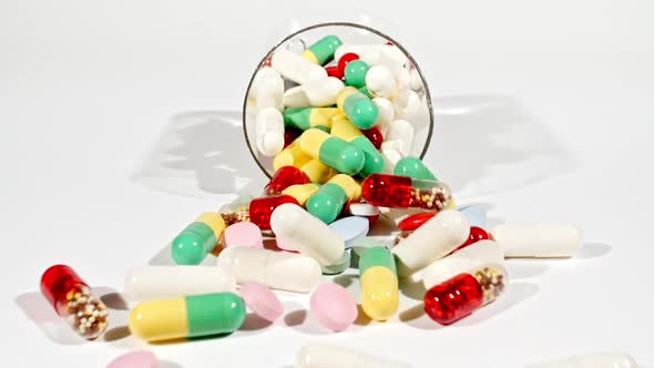 Closeup of Different Medical Pills Falling on Table on White Background