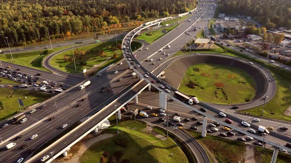 Aerial View of a Freeway Intersection Traffic Trails in Moscow