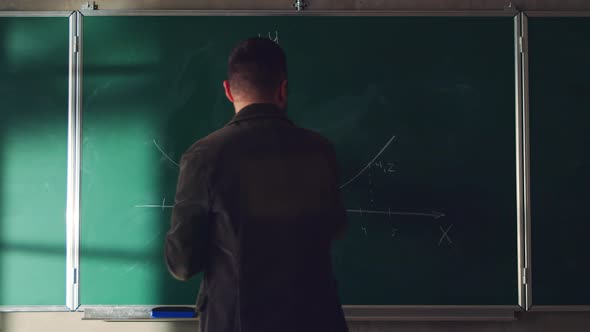 Young Teacher Man Writes Mathematical Formulas Using Chalk on a Green School Chalkboard
