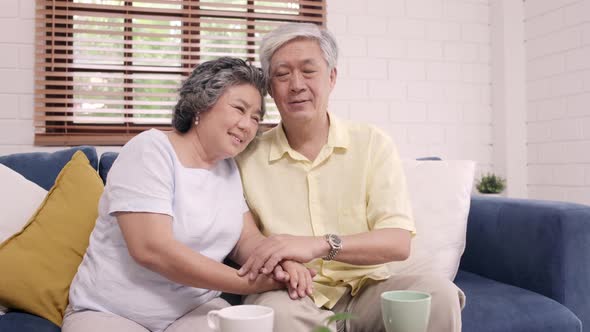 Asian elderly couple holding their hands while taking together in living room, couple feeling happy.