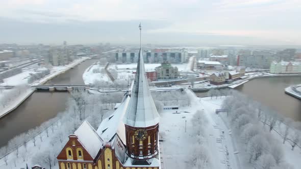 Aerial view of the Cathedral in Kaliningrad in the wintertime