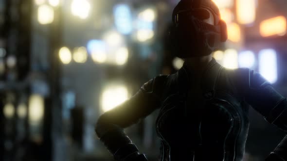 Futuristic Cyberpunk Style Young Woman with Neon Bokeh Lights alt