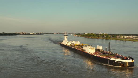 Barge and Pushboat heading down the Mississippi River near New Orleans