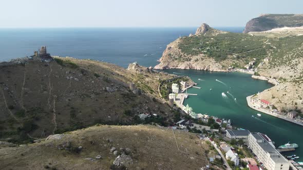 Aerial Panoramic View of Balaklava Landscape with Boats and Sea in Marina Bay